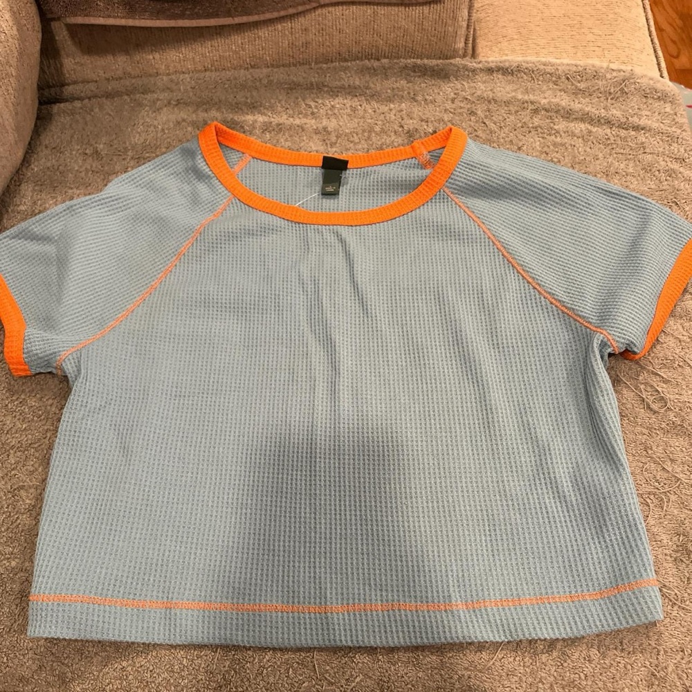 blue and orange waffle texture crop top